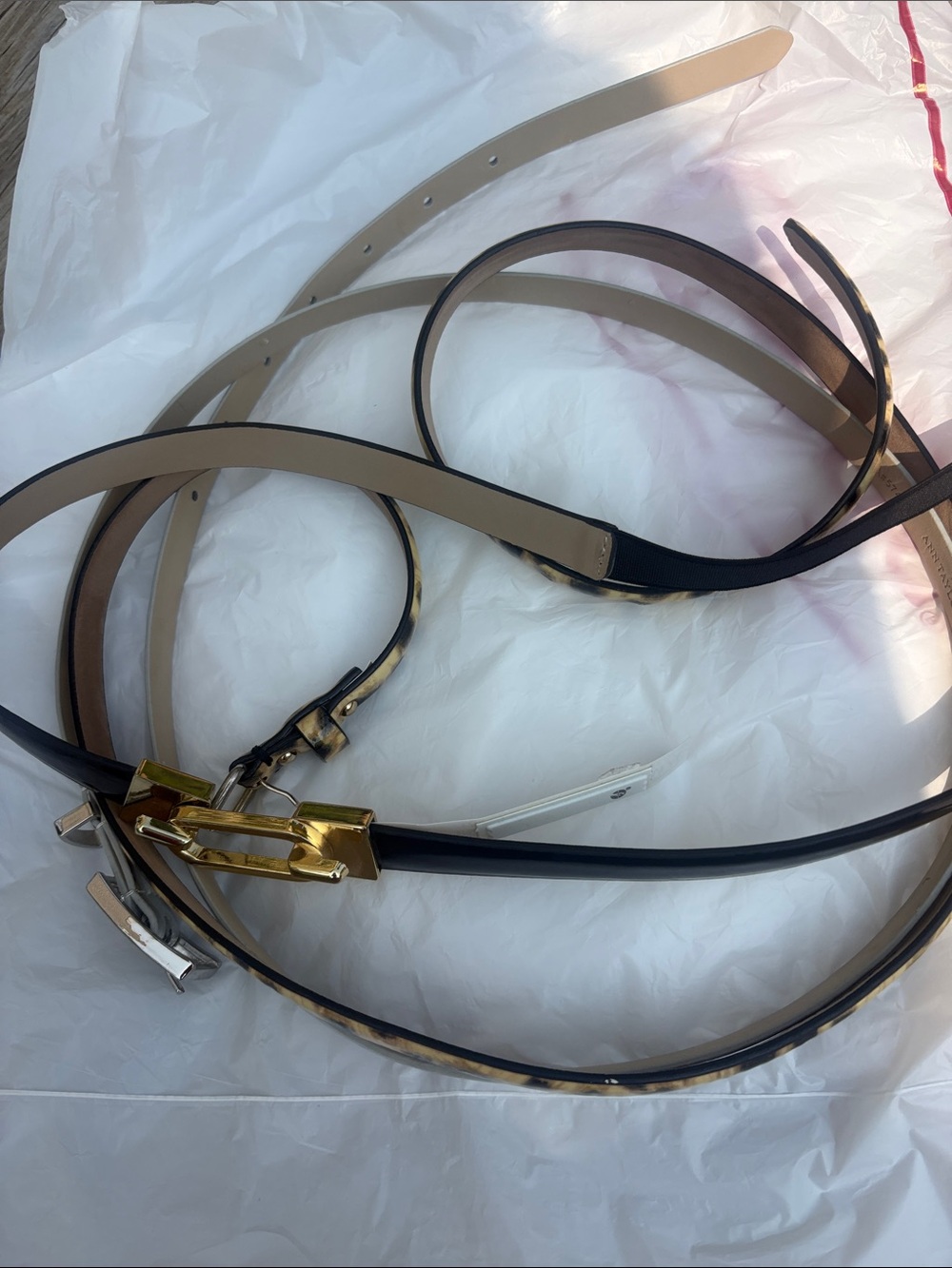 Ann Taylor Reversible Slim Leather Belt in Black and Tan with Gold Buckle